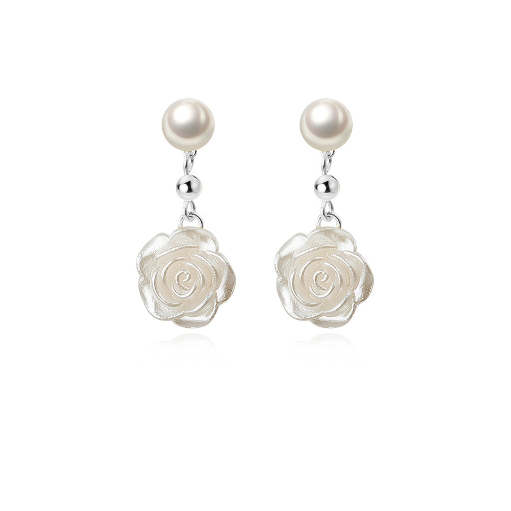Reffeer Solid 925 Sterling Silver Flower Drop Earrings Dangle for Women Teen Girls Imitation Pearl Drop Earrings Flower for Wedding