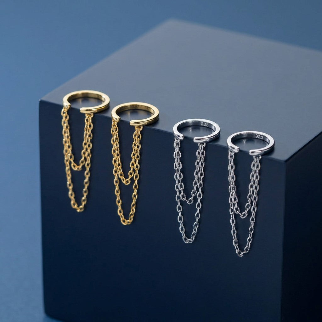 Reffeer Solid 925 Sterling Silver Minimalist Cuff Earrings Chain for Women Cartilage Wrap Earrings Helix Cuffs