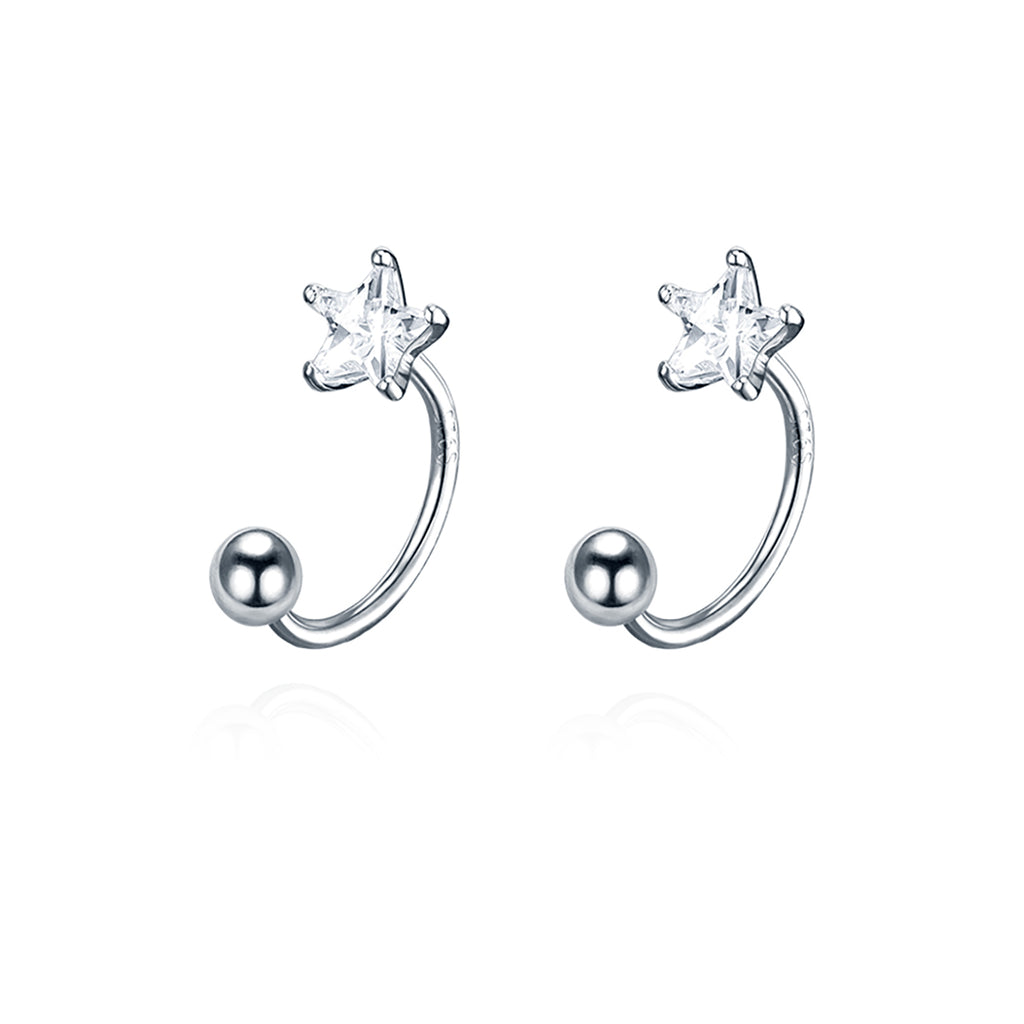 Reffeer Solid 925 Sterling Silver Star Half Hoop Earrings Open Huggie Hoops for Women Teen Girls CZ Star Hoop Earrings Ball Cuffs
