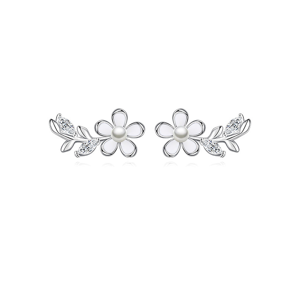 Reffeer Solid 925 Sterling Silver Flower Stud Earrings for Women Teen Girls CZ Leaf Post Stud Earrings Simualted Pearl Flower Studs