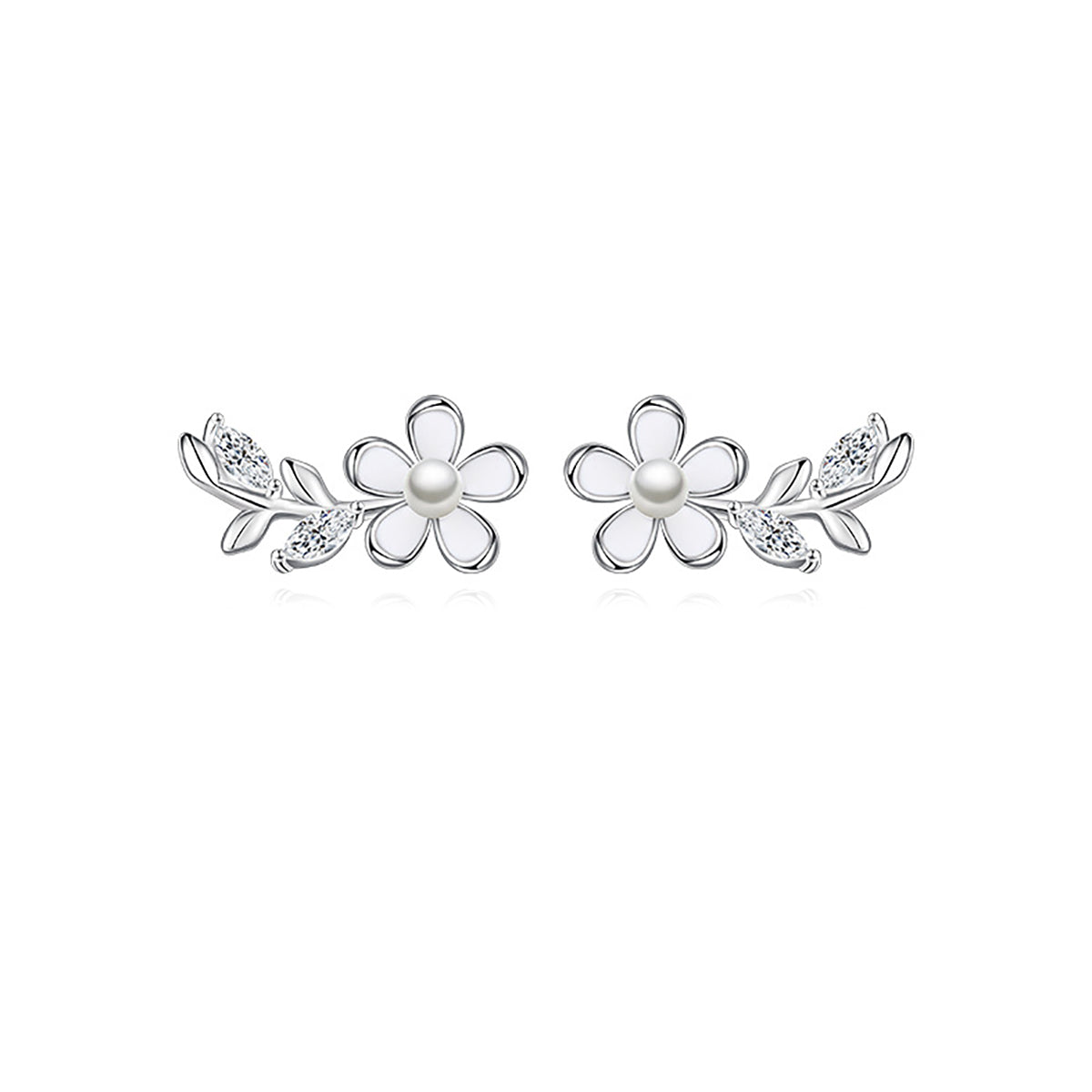Reffeer Solid 925 Sterling Silver Flower Stud Earrings for Women Teen Girls CZ Leaf Post Stud Earrings Simualted Pearl Flower Studs