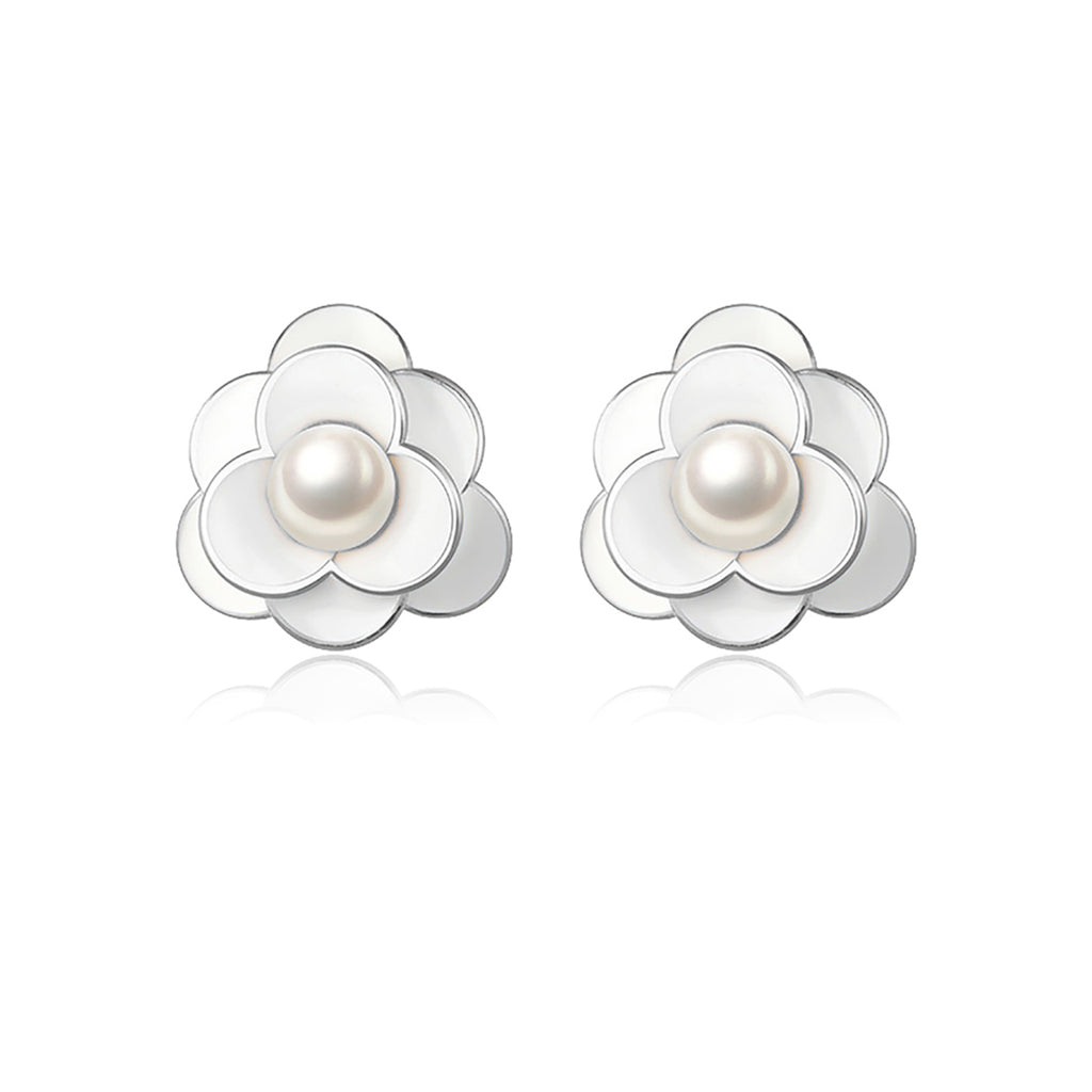 Reffeer Solid 925 Sterling Silver Simulated Pearl Flower Earrings Studs for Women Teen Girls Flower Stud Earrings Pearls for Wedding