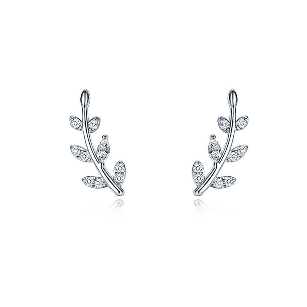 Reffeer Solid 925 Sterling Silver Leaf Crawler Stud Earrings for Women Teen Girls Crystal Leaf Stud Earrings