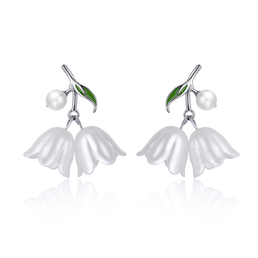 Reffeer Solid 925 Sterling Silver Tulip Flower Drop Earrings for Women Teens Cute Flower Drop Earrings Pearls