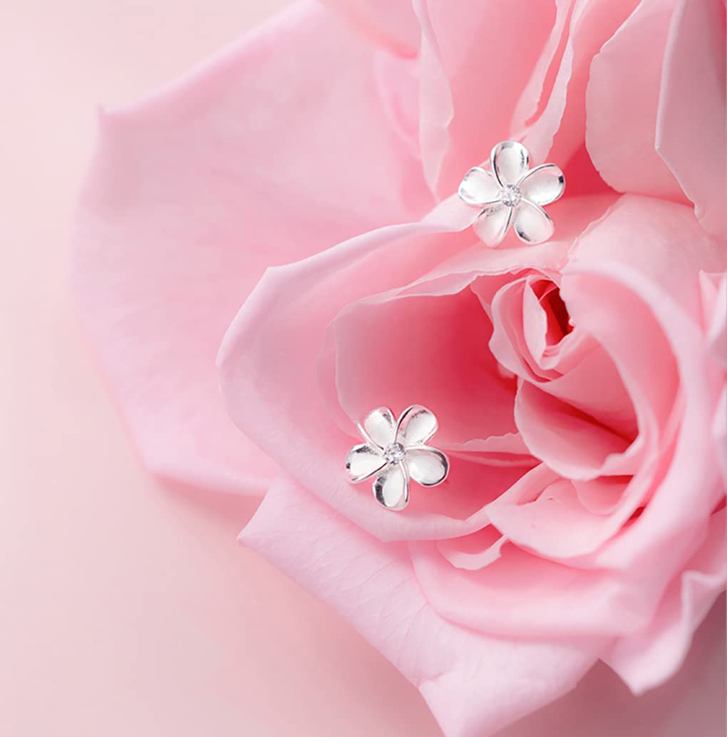 Reffeer Solid 925 Sterling Silver Plumeria Flower Stud Earrings for Women Teen Girls Crystal Flower Stud Earrings