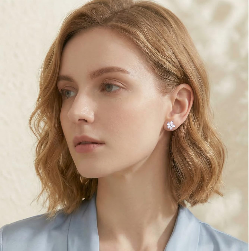 Reffeer Solid 925 Sterling Silver Plumeria Flower Stud Earrings for Women Teen Girls Crystal Flower Stud Earrings