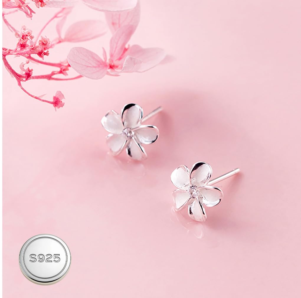 Reffeer Solid 925 Sterling Silver Plumeria Flower Stud Earrings for Women Teen Girls Crystal Flower Stud Earrings