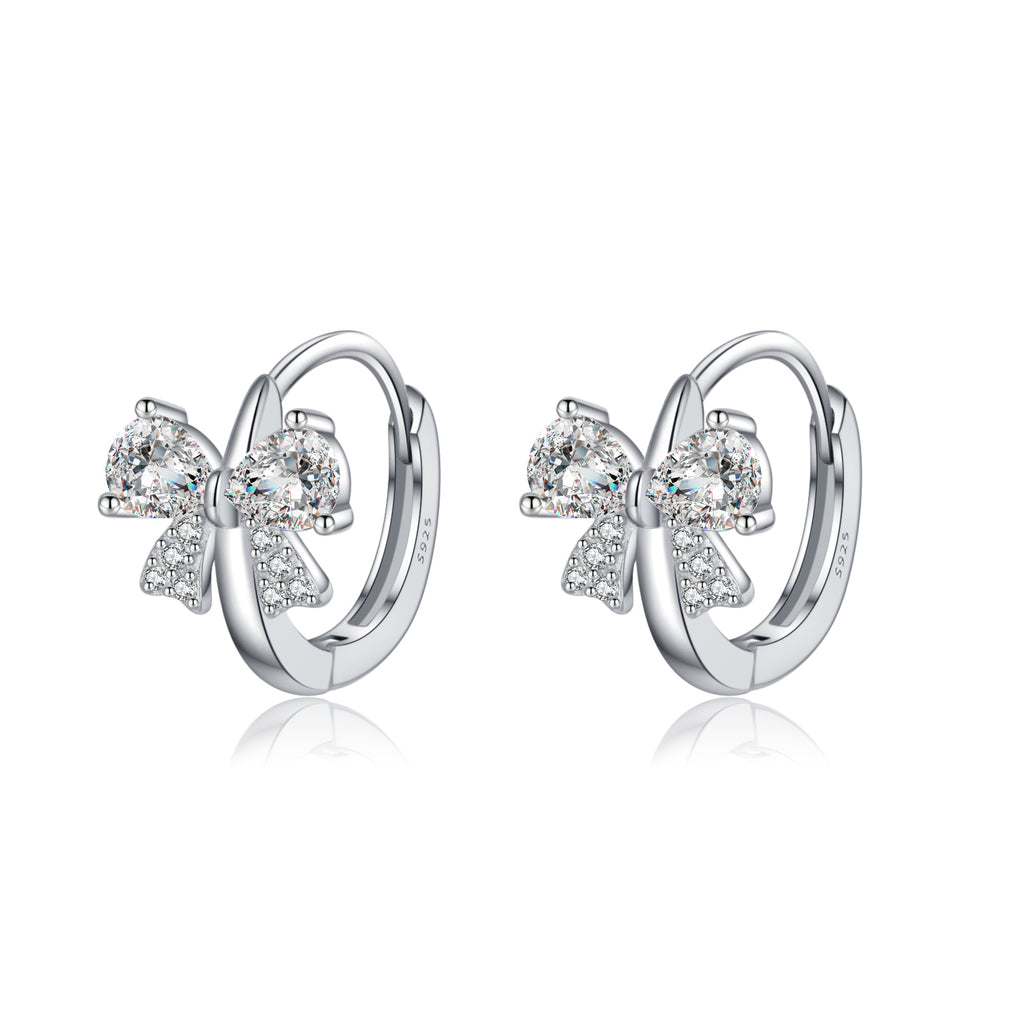 Reffeer Solid 925 Sterling Silver CZ Bow Hoop Earrings for Women Teens Cute Bow Earrings Huggie