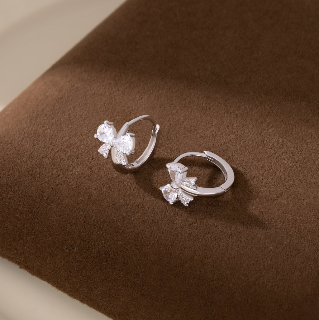 Reffeer Solid 925 Sterling Silver CZ Bow Hoop Earrings for Women Teens Cute Bow Earrings Huggie