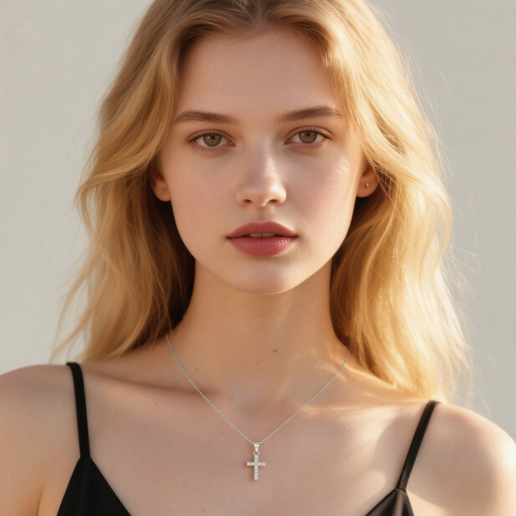 Reffeer Solid 925 Sterling Silver CZ Cross Necklace Choker for Women Teen Girls Dainty Cross Pendant Necklace