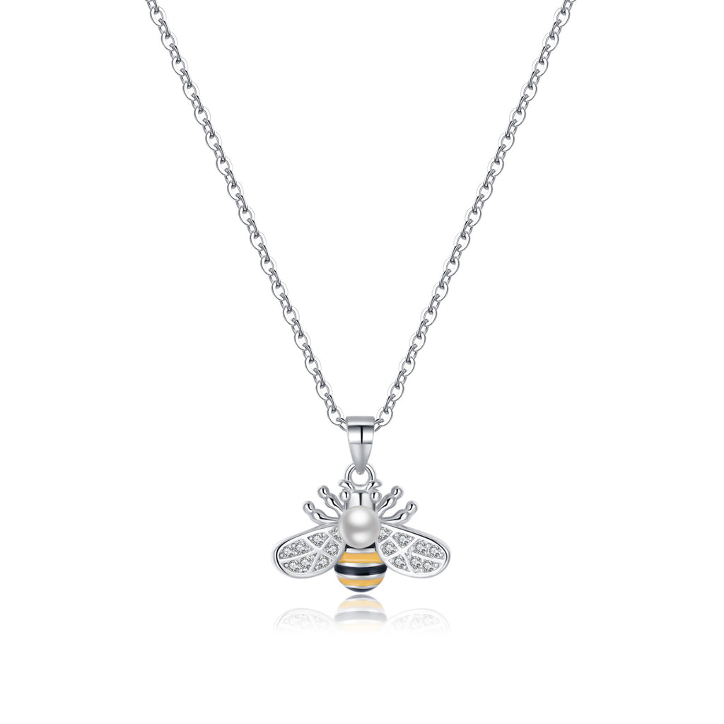 Reffeer Solid 925 Sterling Silver Cute Bee Necklace Choker for Women Teen Girls Pearl Bee Pendant Necklace