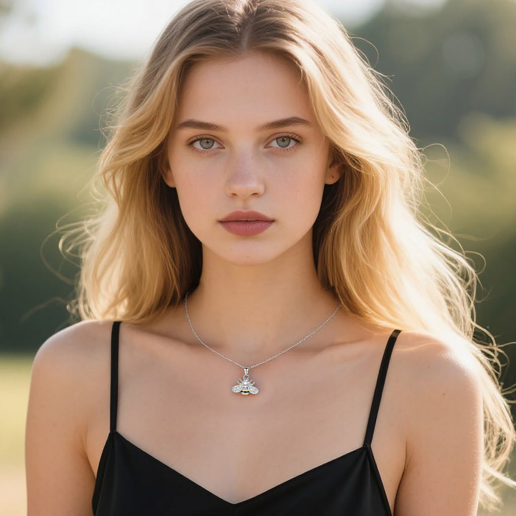 Reffeer Solid 925 Sterling Silver Cute Bee Necklace Choker for Women Teen Girls Pearl Bee Pendant Necklace