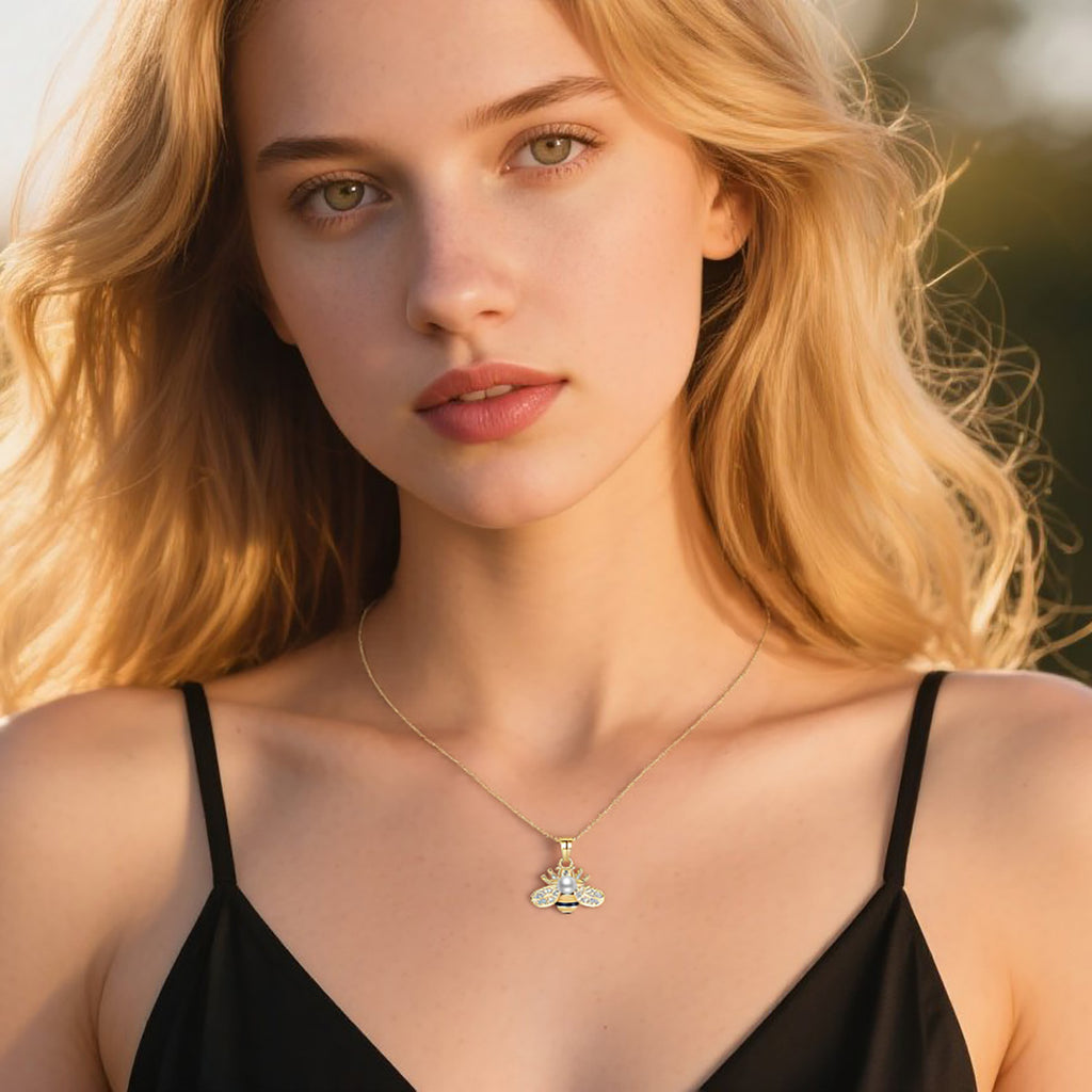 Reffeer Solid 925 Sterling Silver Cute Bee Necklace Choker for Women Teen Girls Pearl Bee Pendant Necklace