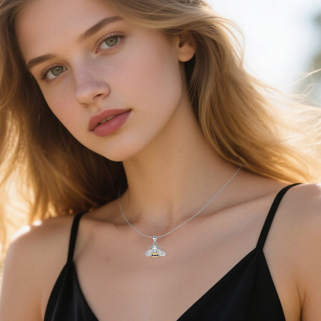 Reffeer Solid 925 Sterling Silver Cute Bee Necklace Choker for Women Teen Girls Pearl Bee Pendant Necklace