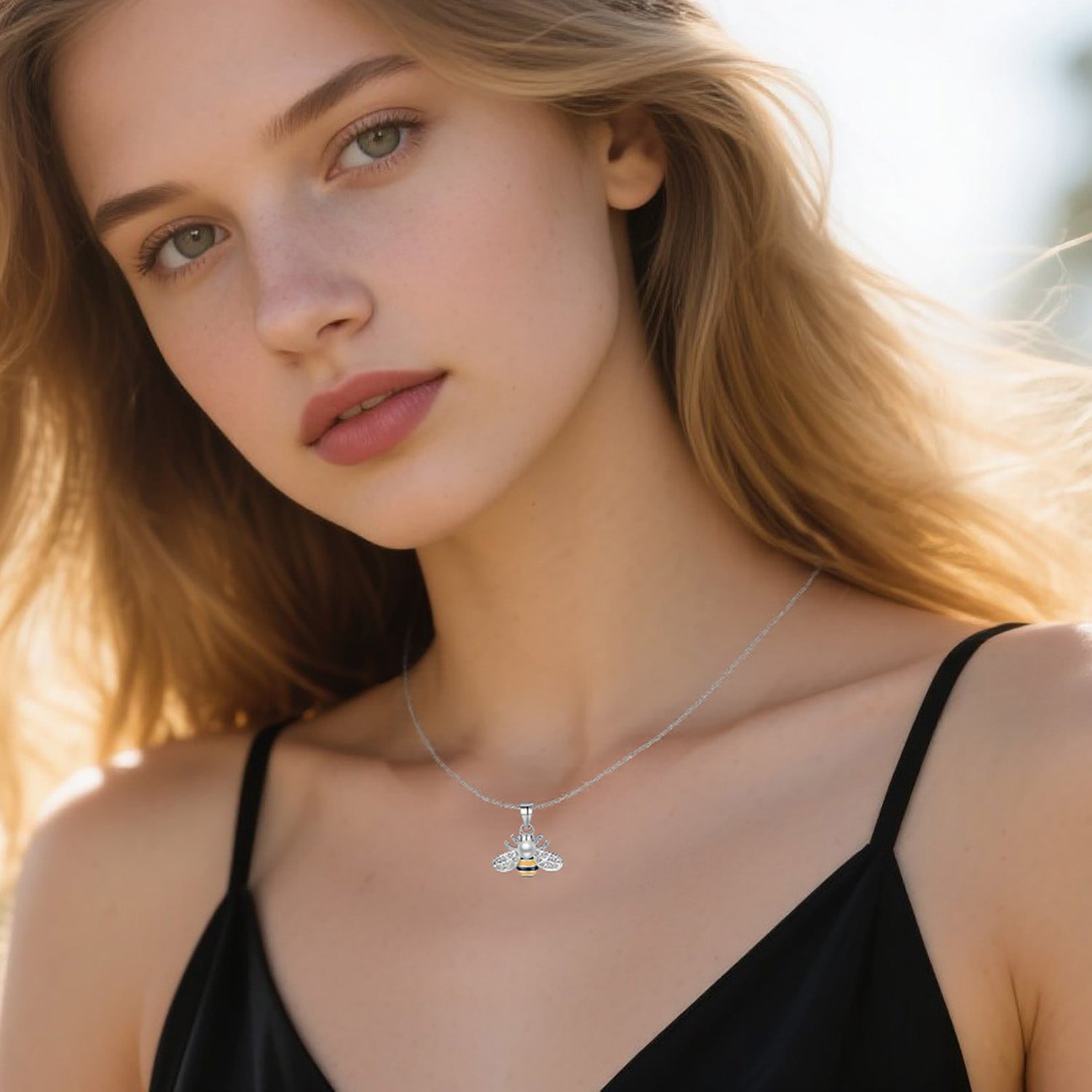 Reffeer Solid 925 Sterling Silver Cute Bee Necklace Choker for Women Teen Girls Pearl Bee Pendant Necklace