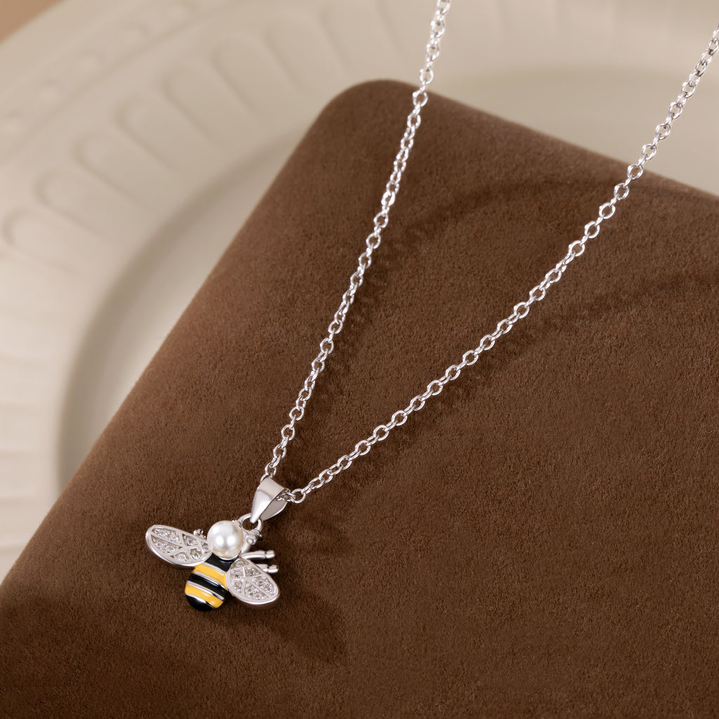 Reffeer Solid 925 Sterling Silver Cute Bee Necklace Choker for Women Teen Girls Pearl Bee Pendant Necklace