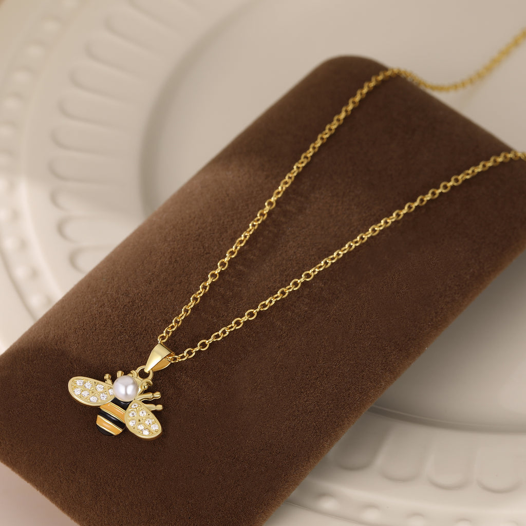 Reffeer Solid 925 Sterling Silver Cute Bee Necklace Choker for Women Teen Girls Pearl Bee Pendant Necklace