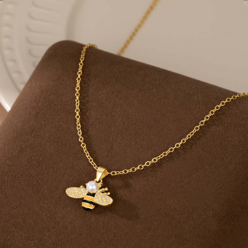 Reffeer Solid 925 Sterling Silver Cute Bee Necklace Choker for Women Teen Girls Pearl Bee Pendant Necklace