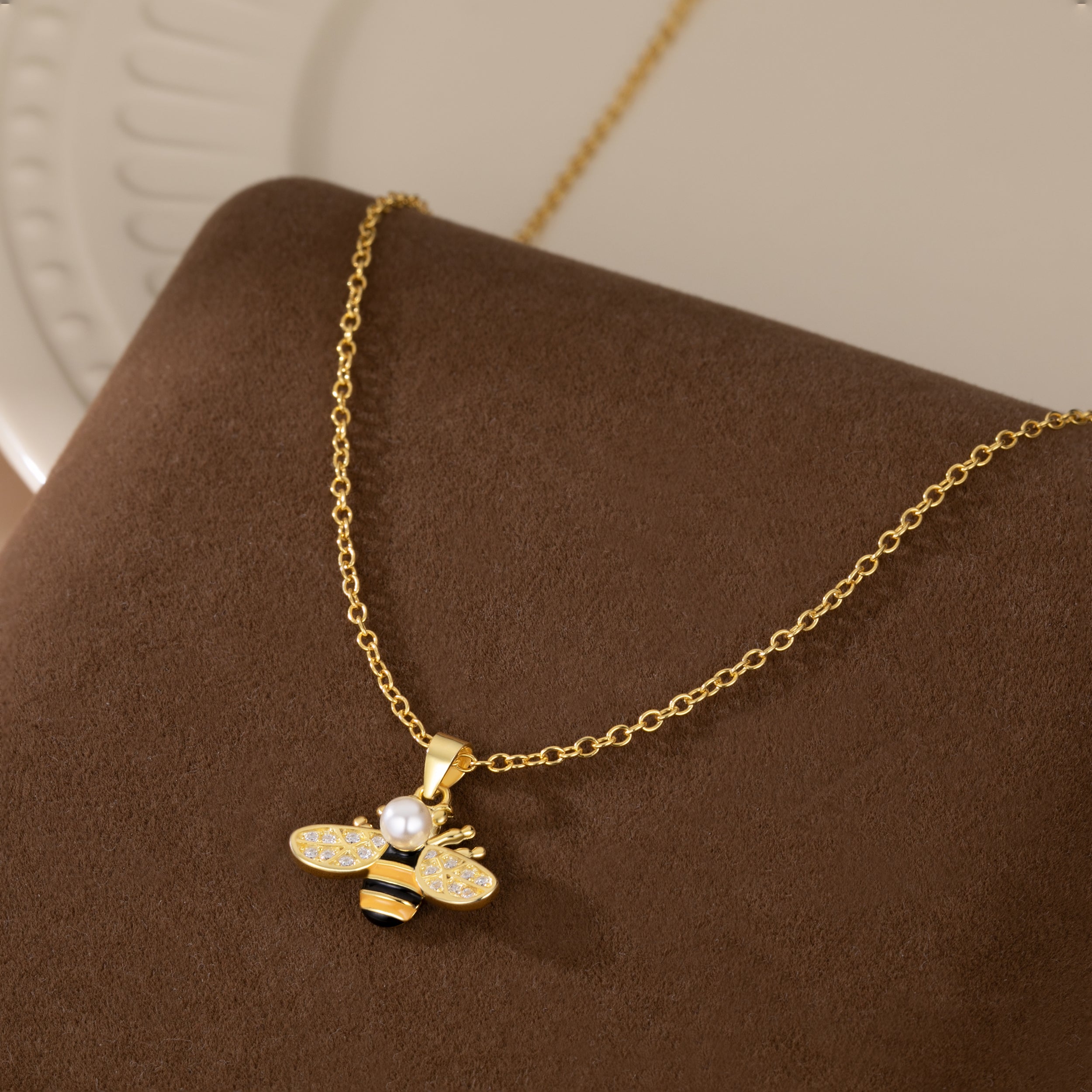 Reffeer Solid 925 Sterling Silver Cute Bee Necklace Choker for Women Teen Girls Pearl Bee Pendant Necklace