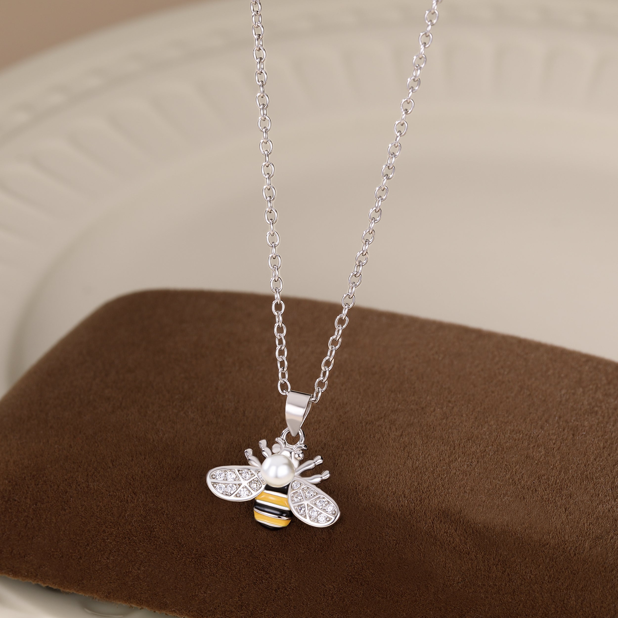 Reffeer Solid 925 Sterling Silver Cute Bee Necklace Choker for Women Teen Girls Pearl Bee Pendant Necklace