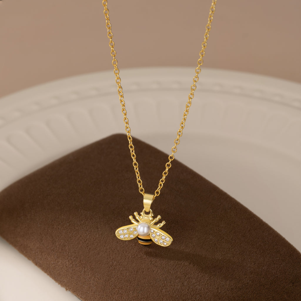 Reffeer Solid 925 Sterling Silver Cute Bee Necklace Choker for Women Teen Girls Pearl Bee Pendant Necklace