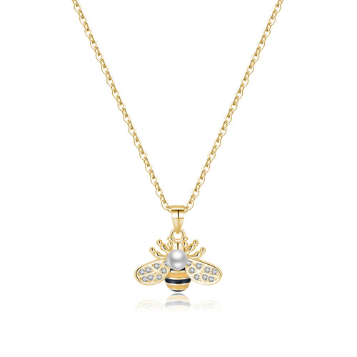 Reffeer Solid 925 Sterling Silver Cute Bee Necklace Choker for Women Teen Girls Pearl Bee Pendant Necklace