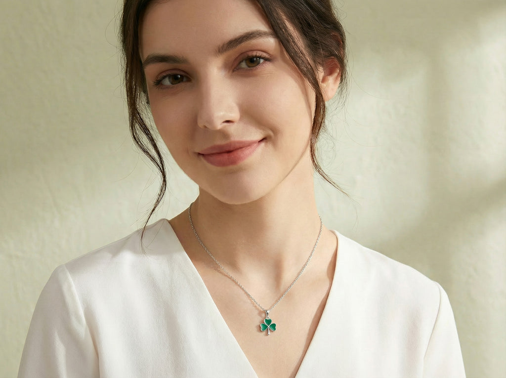 Reffeer Solid 925 Sterling Silver Green Clover Pendant Necklace for Women Teens Shamrock Necklace Chain Green St Patricks Day Necklace