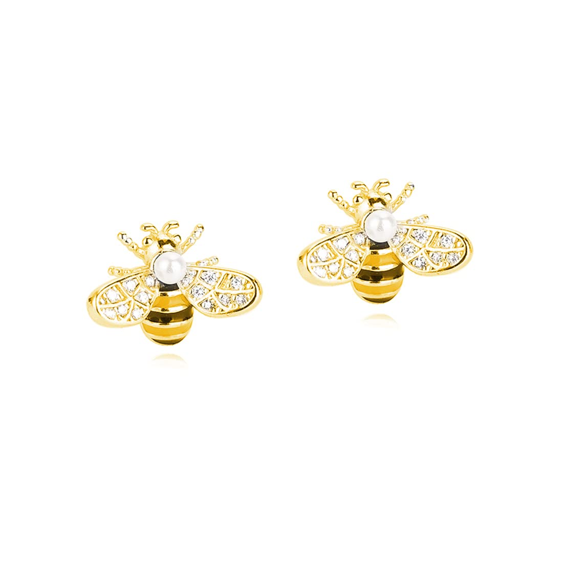 Reffeer Solid 925 Sterling Silver Cute Bee Earrings Stud for Women Teens Small Freshwater Pearl Bee Earrings
