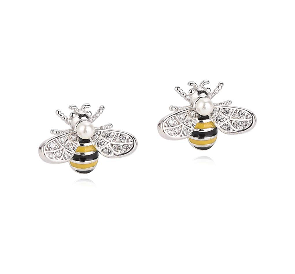 Reffeer Solid 925 Sterling Silver Cute Bee Earrings Stud for Women Teens Small Freshwater Pearl Bee Earrings