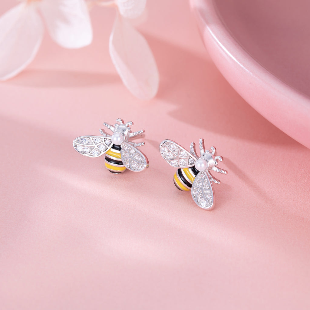 Reffeer Solid 925 Sterling Silver Cute Bee Earrings Stud for Women Teens Small Freshwater Pearl Bee Earrings
