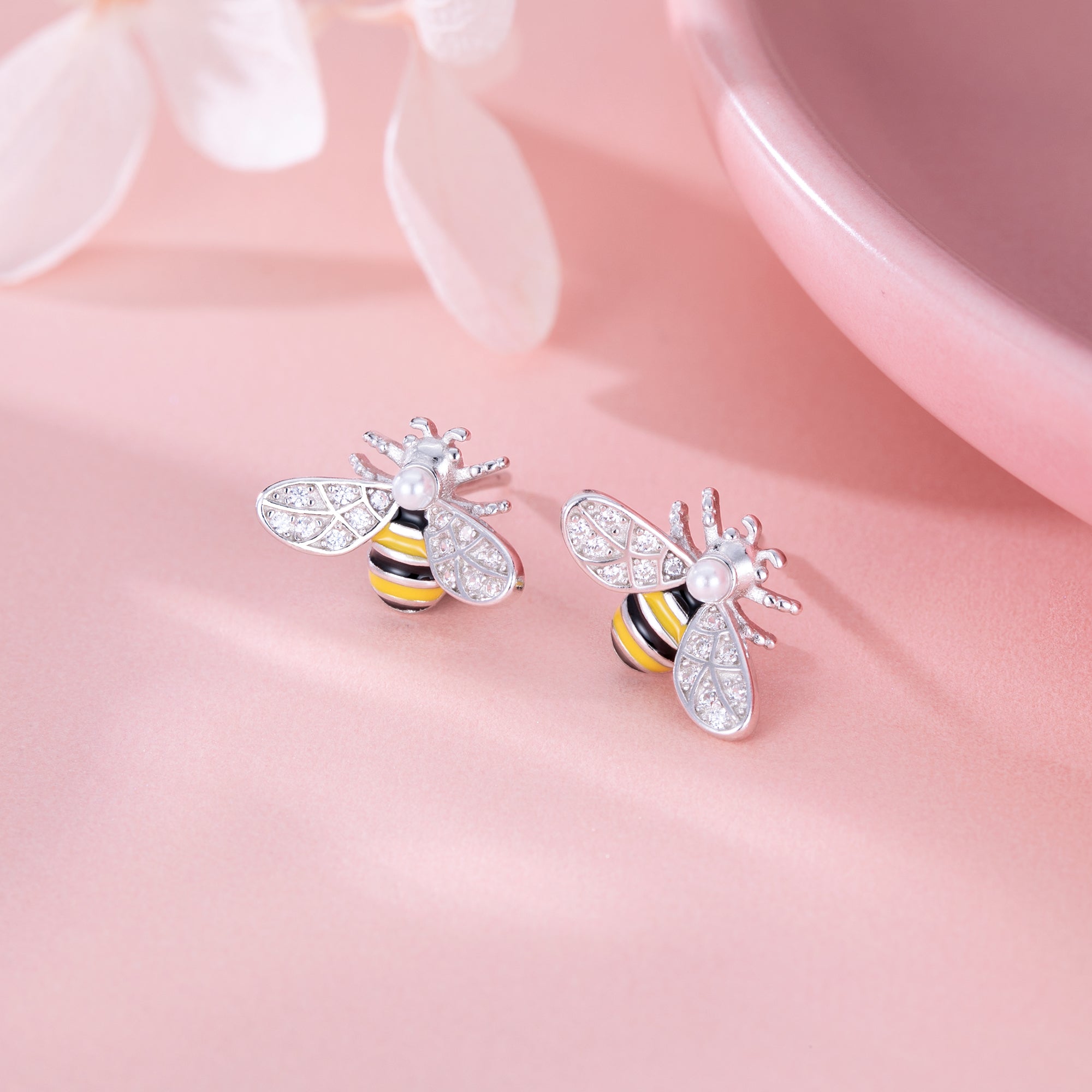 Reffeer Solid 925 Sterling Silver Cute Bee Earrings Stud for Women Teens Small Freshwater Pearl Bee Earrings
