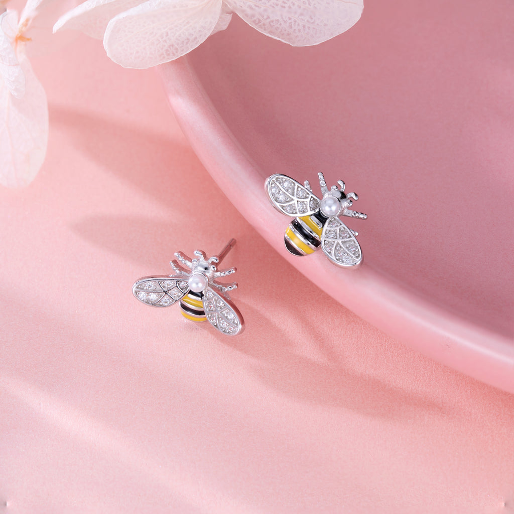 Reffeer Solid 925 Sterling Silver Cute Bee Earrings Stud for Women Teens Small Freshwater Pearl Bee Earrings