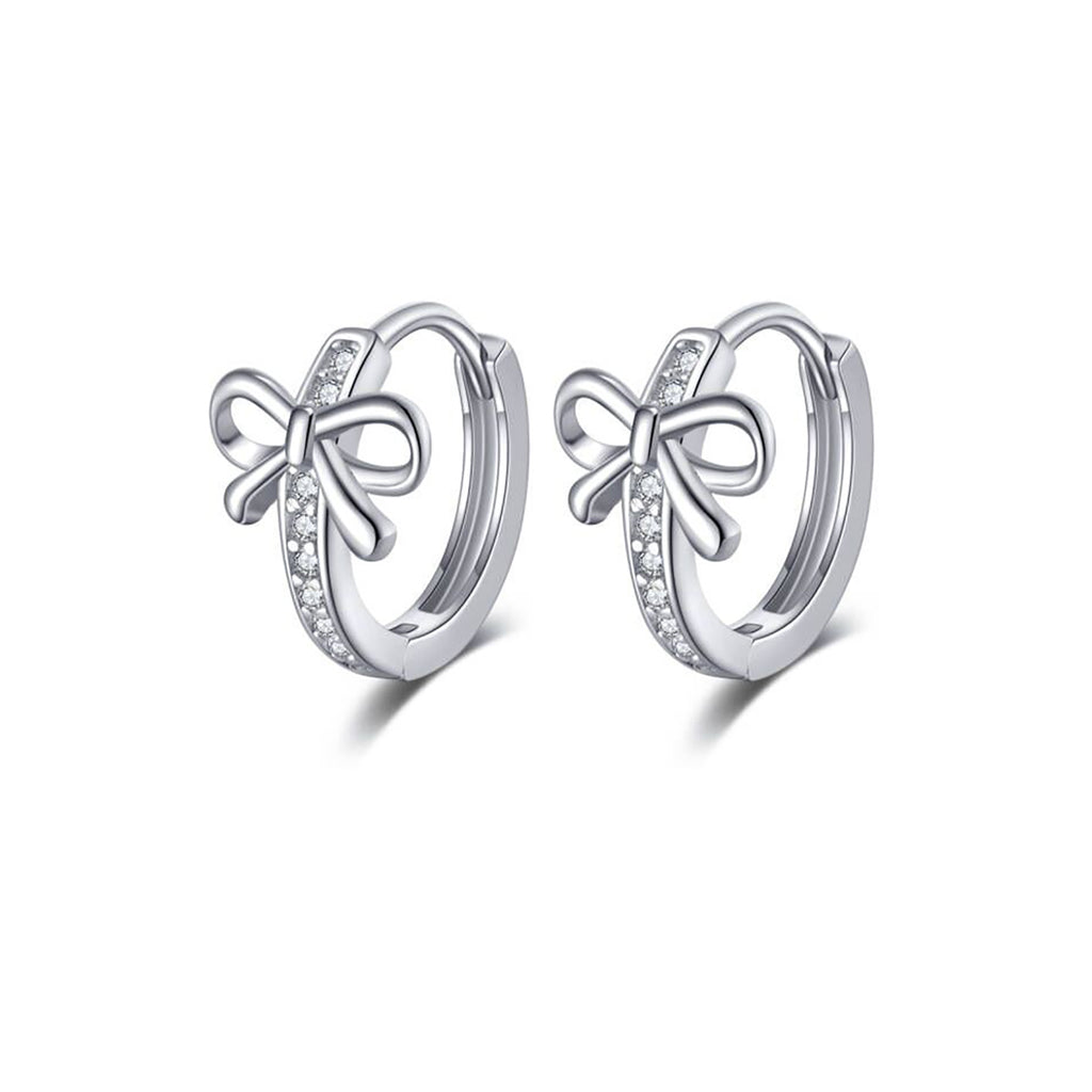 Reffeer Solid 925 Sterling Silver CZ Bow Hoop Earrings for Women Teen Girls Bowknot Hoop Earrings Ribbon Huggie