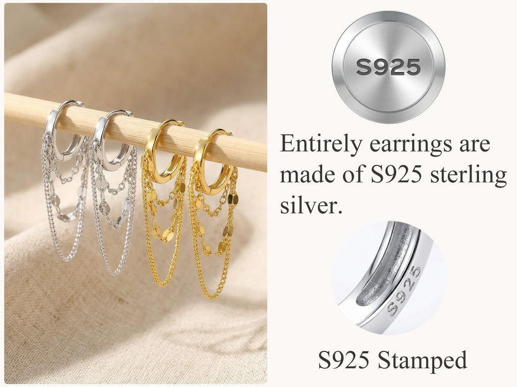 Reffeer Solid 925 Sterling Silver Chain Drop Earrings Hoop for Women Teens Hoop Earrings Tassel Chain Huggie Dangle Earrings