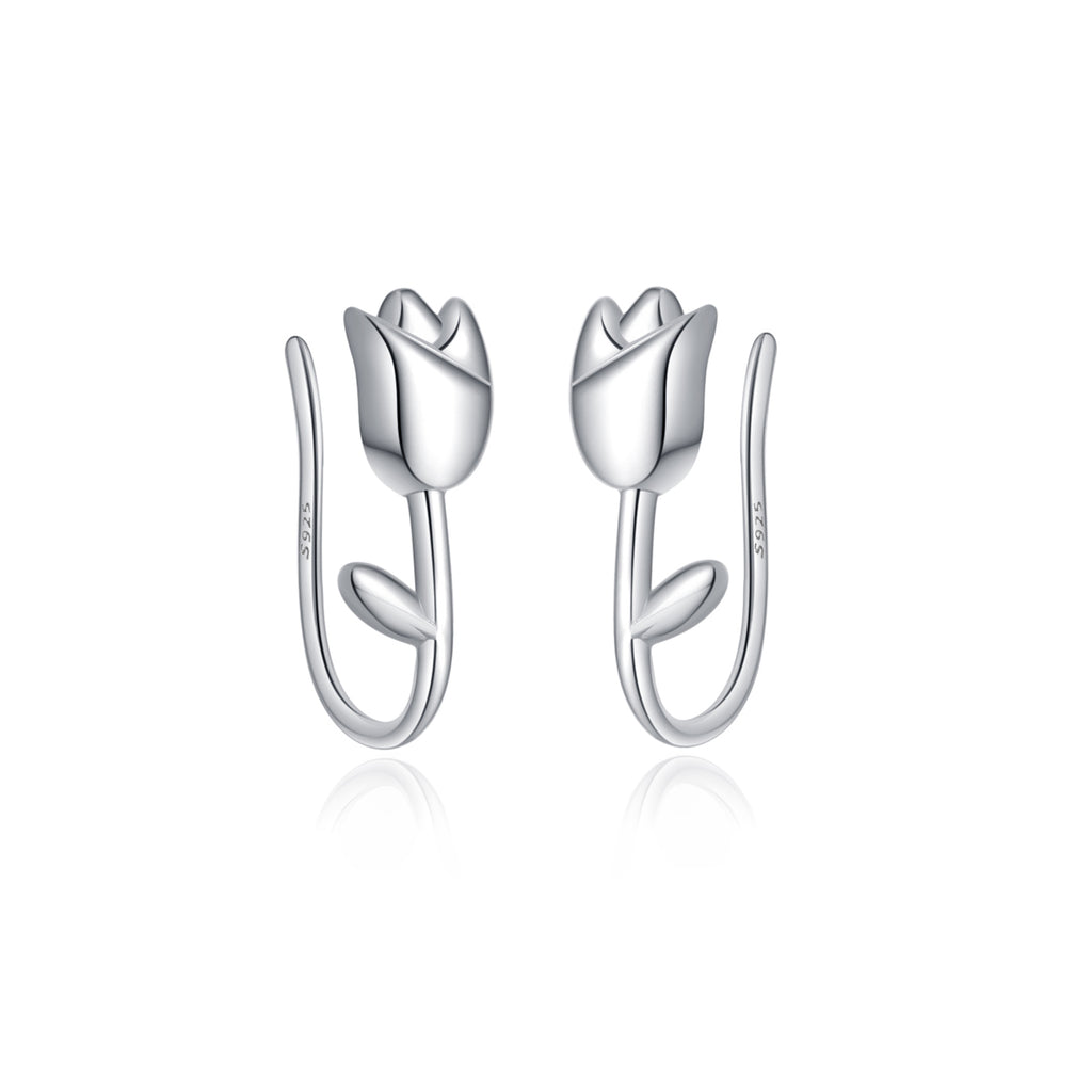 Reffeer Solid 925 Sterling Silver Flower Crawler Cuff Earrings Wraps for Women Teens Tulip Flower Wrap Earrings