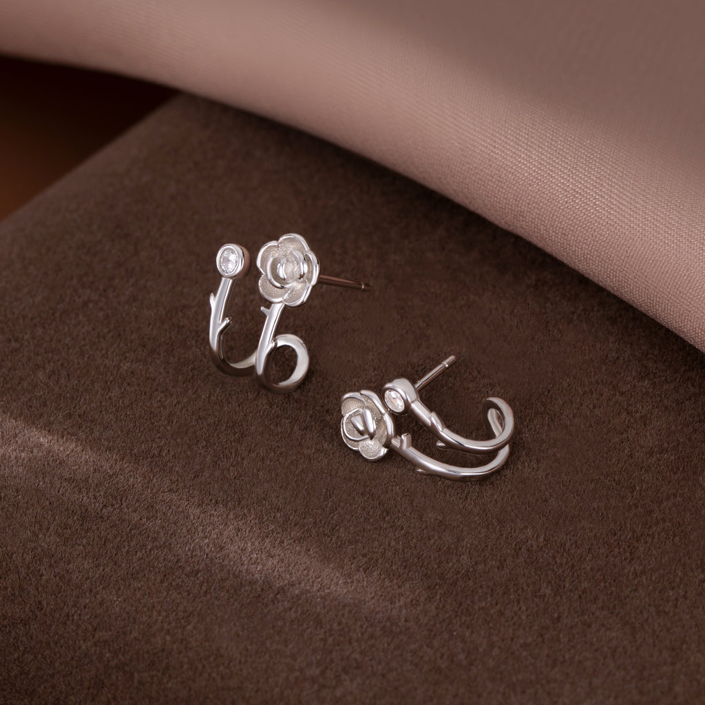 Reffeer Solid 925 Sterling Silver Flower Cuff Stud Earrings Wraps for Women Teen Girls Flower Half Hoop Earrings Huggie