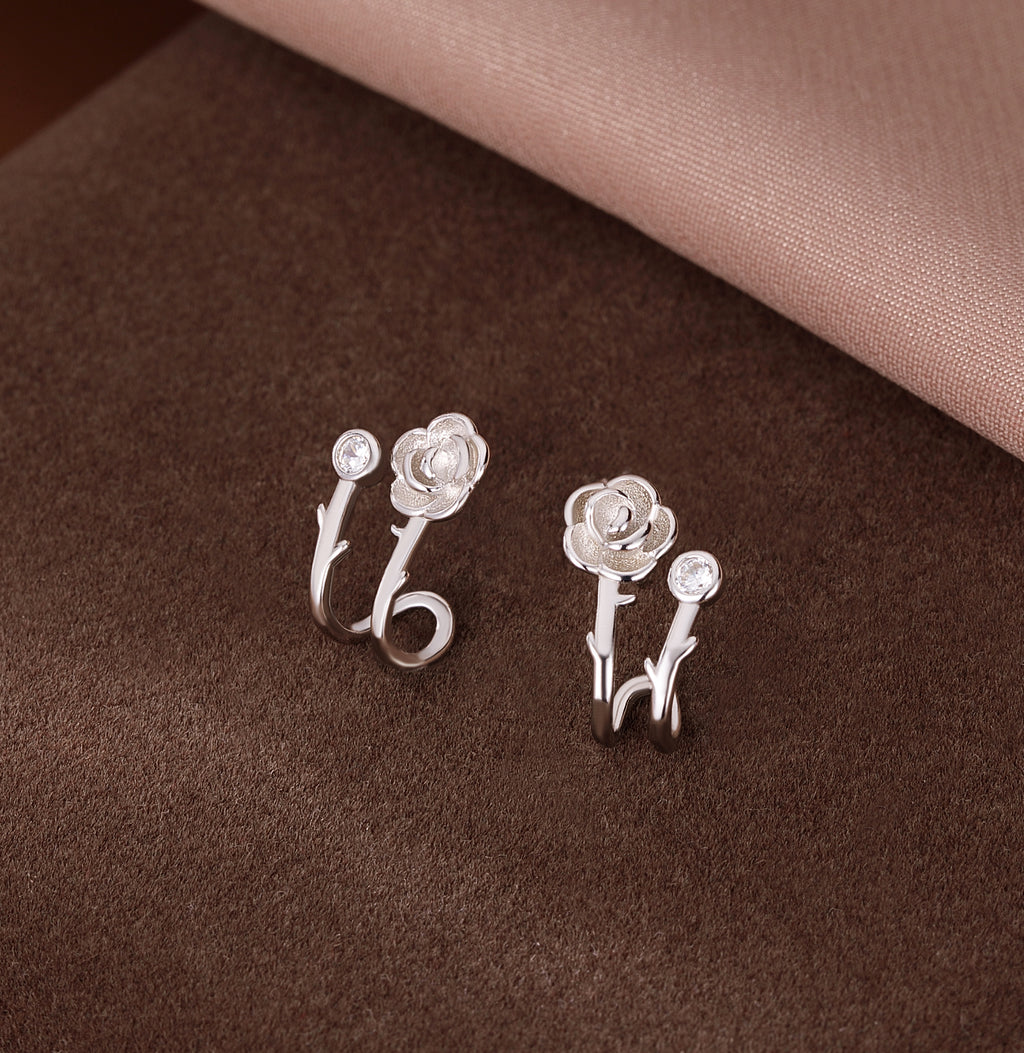 Reffeer Solid 925 Sterling Silver Flower Cuff Stud Earrings Wraps for Women Teen Girls Flower Half Hoop Earrings Huggie