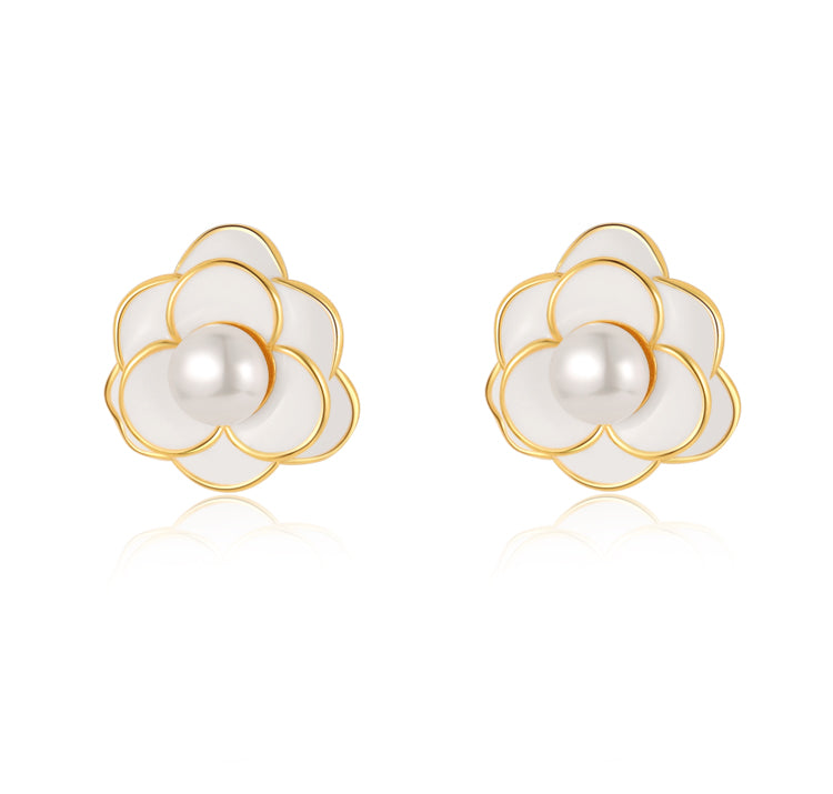 Reffeer Solid 925 Sterling Silver Simulated Pearl Flower Earrings Studs for Women Teen Girls Flower Stud Earrings Pearls for Wedding