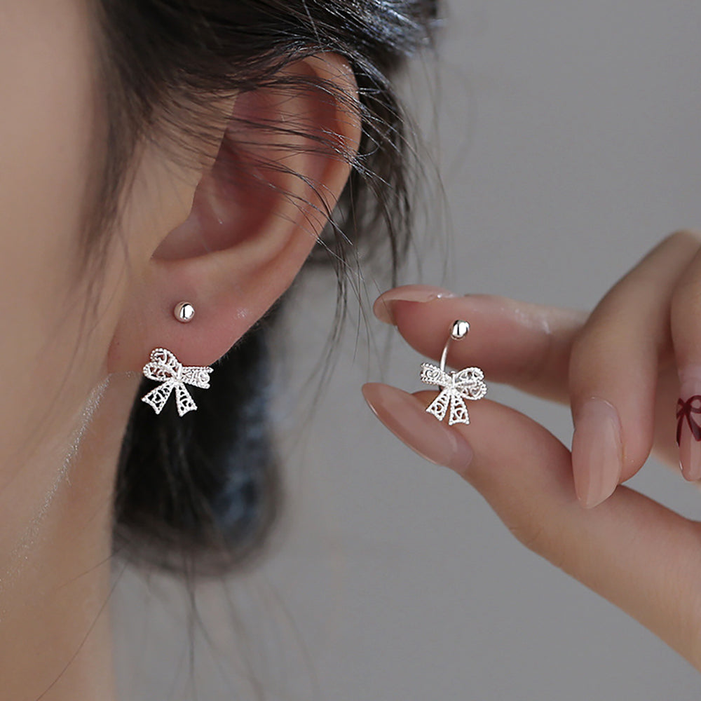 Reffeer Solid 925 Sterling Silver Bow Half Hoop Earrings Huggie for Women Teen Girls Bowknot Hoop Earrings Open Hoops