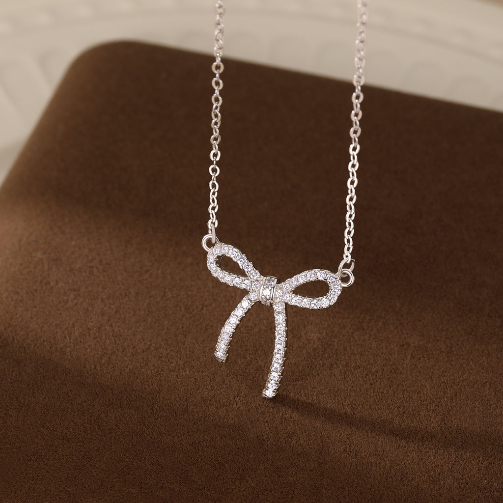 Reffeer Solid 925 Sterling Silver CZ Bow Necklace Choker for Women Teen Girls Crystal Bow Pendant Necklace Bowknot Choker Necklace