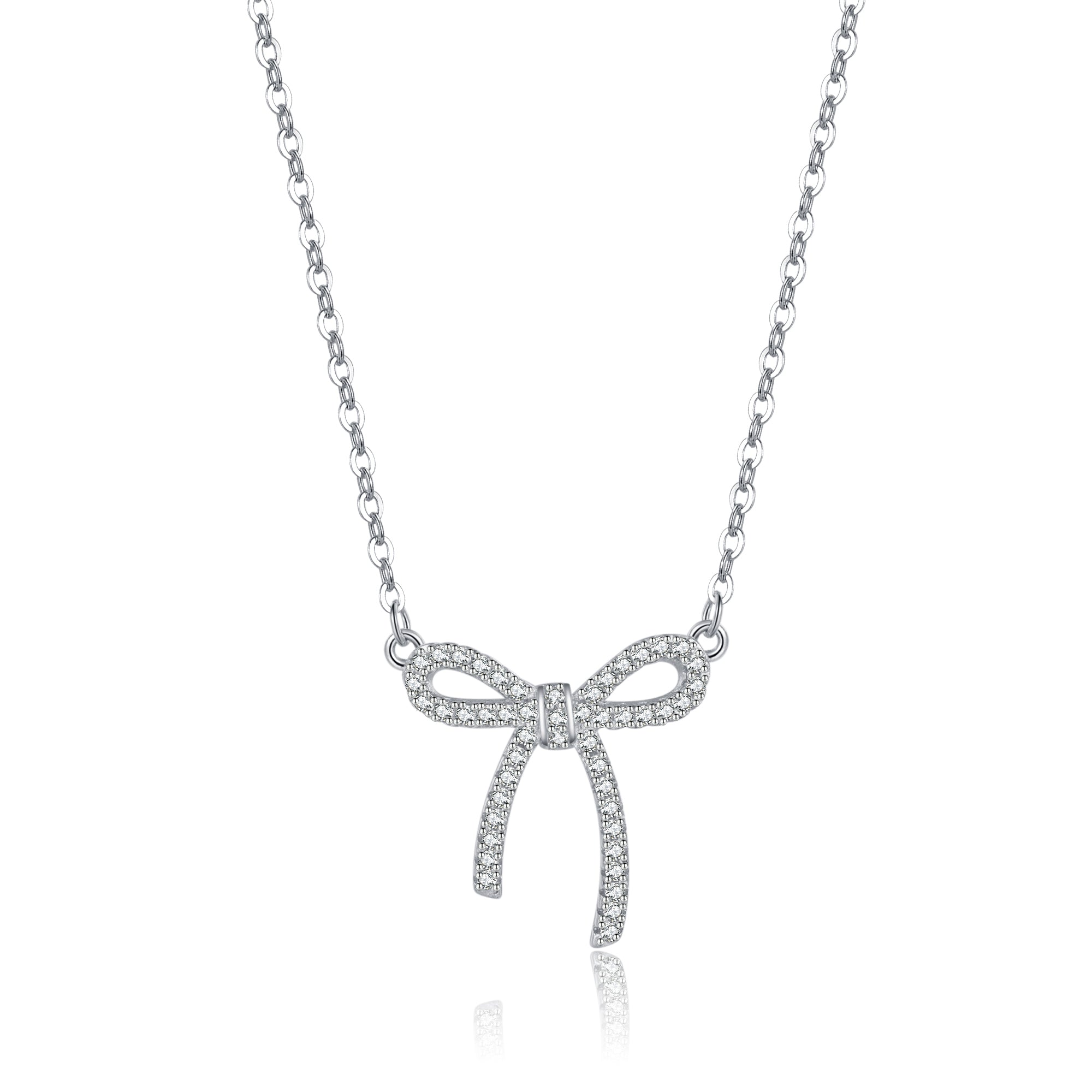 Reffeer Solid 925 Sterling Silver CZ Bow Necklace Choker for Women Teen Girls Crystal Bow Pendant Necklace Bowknot Choker Necklace