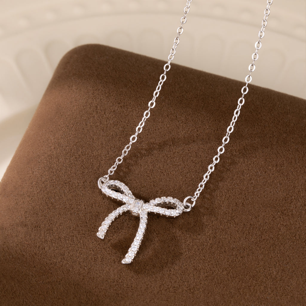 Reffeer Solid 925 Sterling Silver CZ Bow Necklace Choker for Women Teen Girls Crystal Bow Pendant Necklace Bowknot Choker Necklace