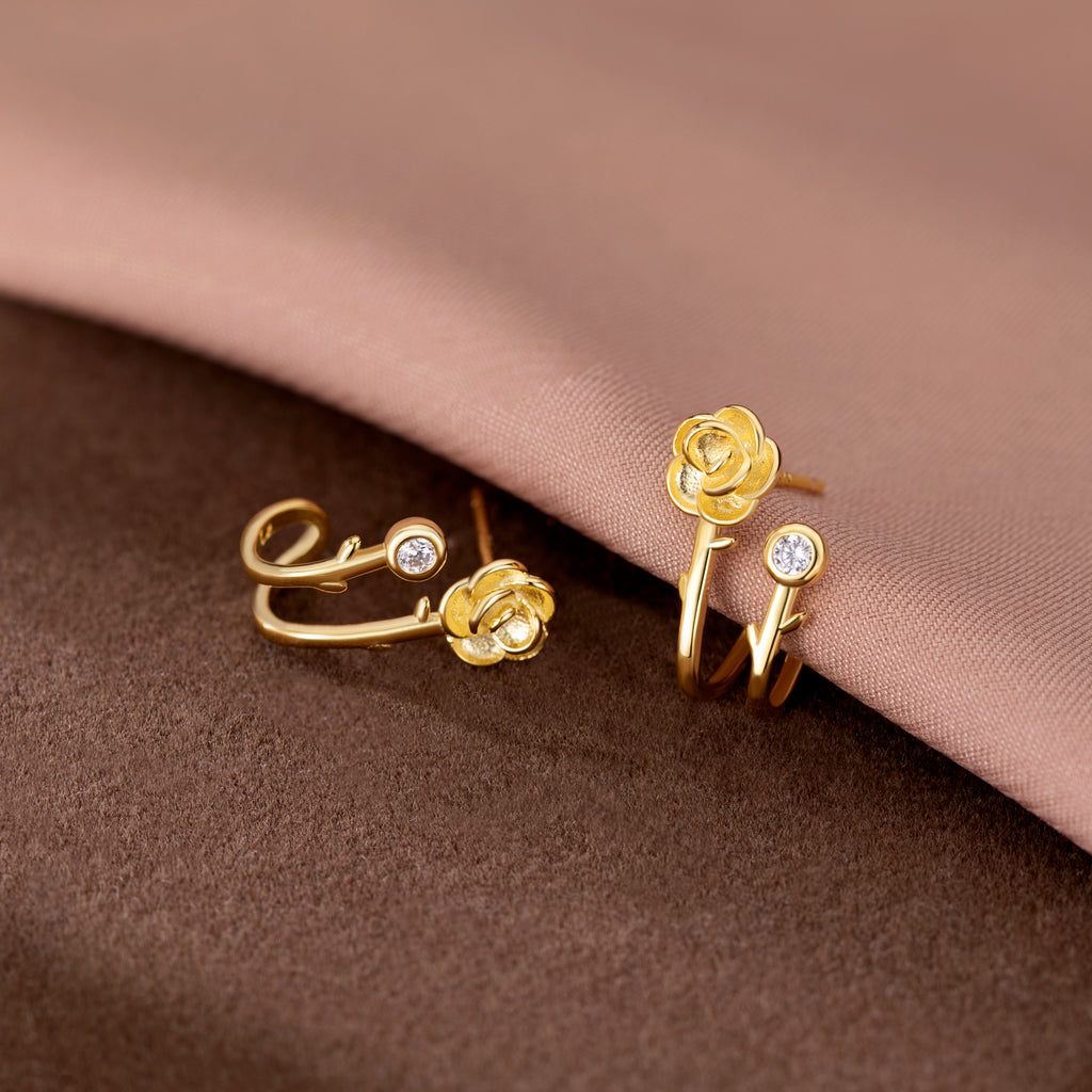 Reffeer Solid 925 Sterling Silver Flower Cuff Stud Earrings Wraps for Women Teen Girls Flower Half Hoop Earrings Huggie
