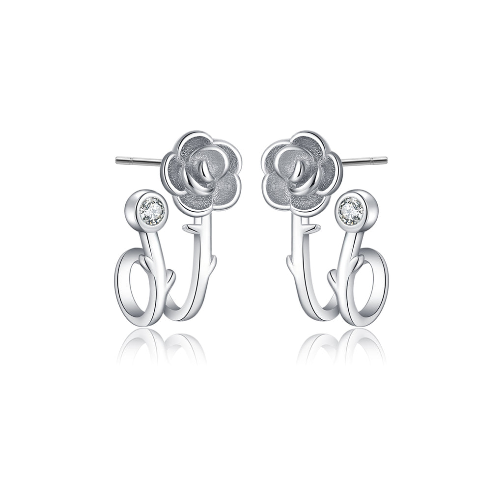 Reffeer Solid 925 Sterling Silver Flower Cuff Stud Earrings Wraps for Women Teen Girls Flower Half Hoop Earrings Huggie