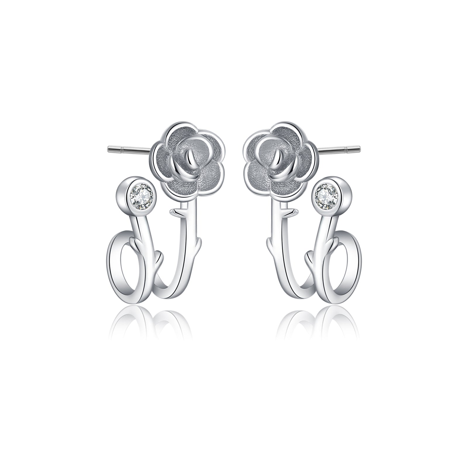 Reffeer Solid 925 Sterling Silver Flower Cuff Stud Earrings Wraps for Women Teen Girls Flower Half Hoop Earrings Huggie