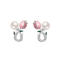 Reffeer Solid 925 Sterling Silver Pink Flower Stud Earrings for Women Teens Spring Flower Stud Earrings Pearls