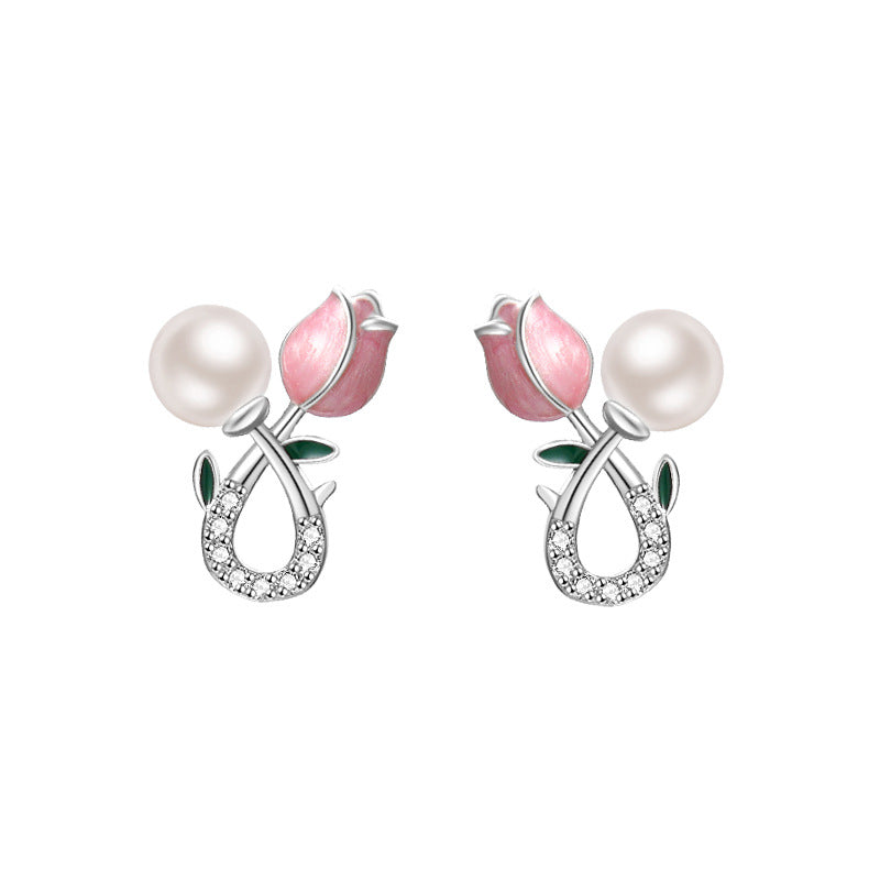 Reffeer Solid 925 Sterling Silver Pink Flower Stud Earrings for Women Teens Spring Flower Stud Earrings Pearls