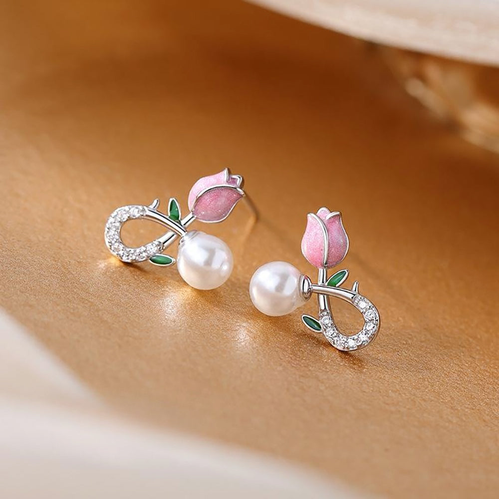Reffeer Solid 925 Sterling Silver Pink Flower Stud Earrings for Women Teens Spring Flower Stud Earrings Pearls