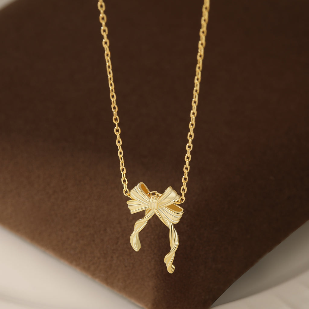 Reffeer Solid 925 Sterling Silver Bow Necklace for Women Teen Girls Bowknot Choker Necklace Pendant Ribbon Bow Necklace