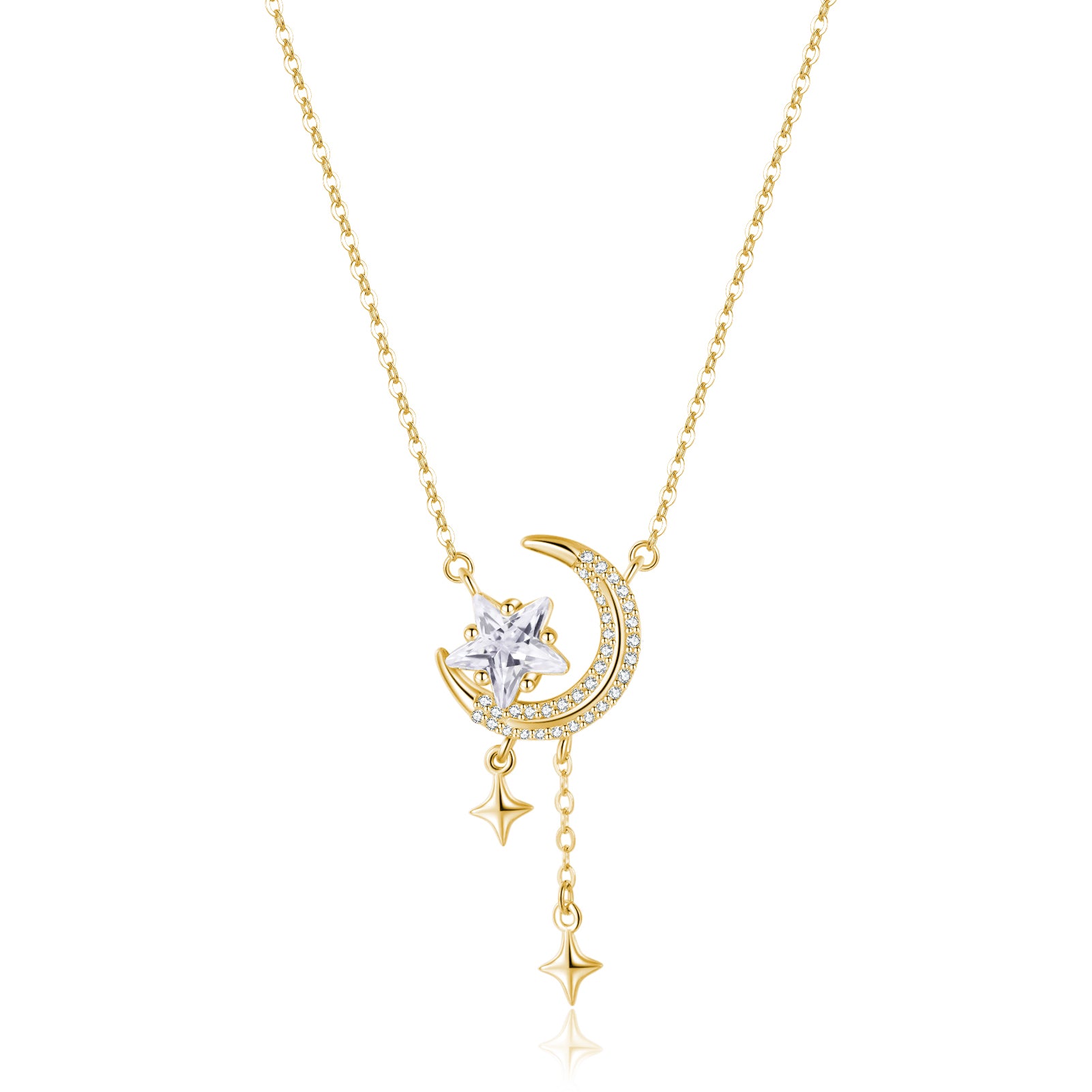 Reffeer Solid 925 Sterling Silver Moon Star Necklace for Women Teen Girls CZ Moon Choker Necklace Dainty Star Pendant Necklace